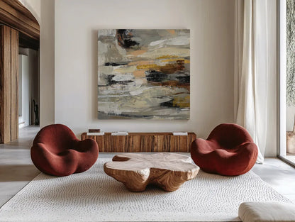 Neutral Abstract II by Silvia Vassileva. Shown as extra-large giant wall art in a modern living room. Available as an archival giclee rolled canvas, fine art paper, or poster print. SKU 28408a.
