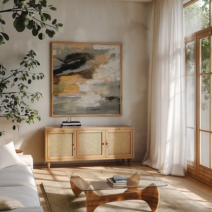 Neutral Abstract III by Silvia Vassileva. Shown in a natural wood frame in a cozy modern living room. Available as an archival giclee rolled canvas, fine art paper, or poster print. SKU 28409a.