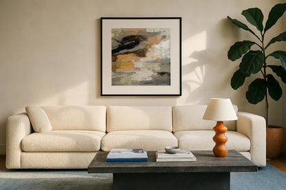 Neutral Abstract III by Silvia Vassileva. Displayed in a glass frame with matte in a clean modern living room. Available as an archival giclee rolled canvas, fine art paper, or poster print. SKU 28409a.