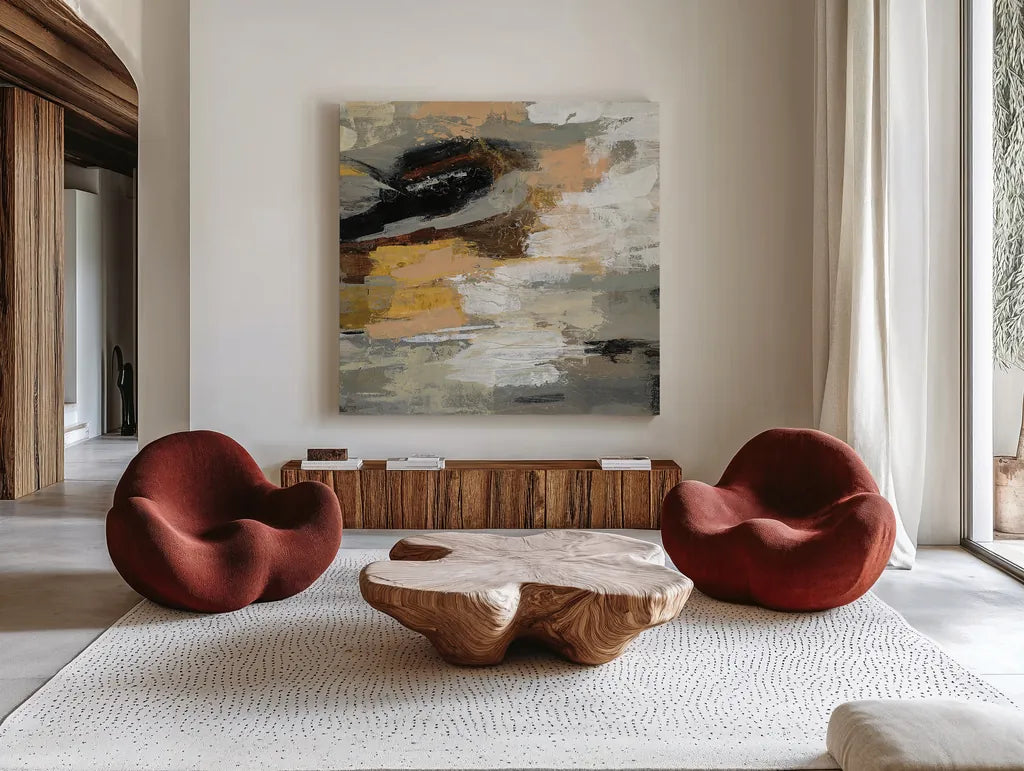 Neutral Abstract III by Silvia Vassileva. Shown as extra-large giant wall art in a modern living room. Available as an archival giclee rolled canvas, fine art paper, or poster print. SKU 28409a.