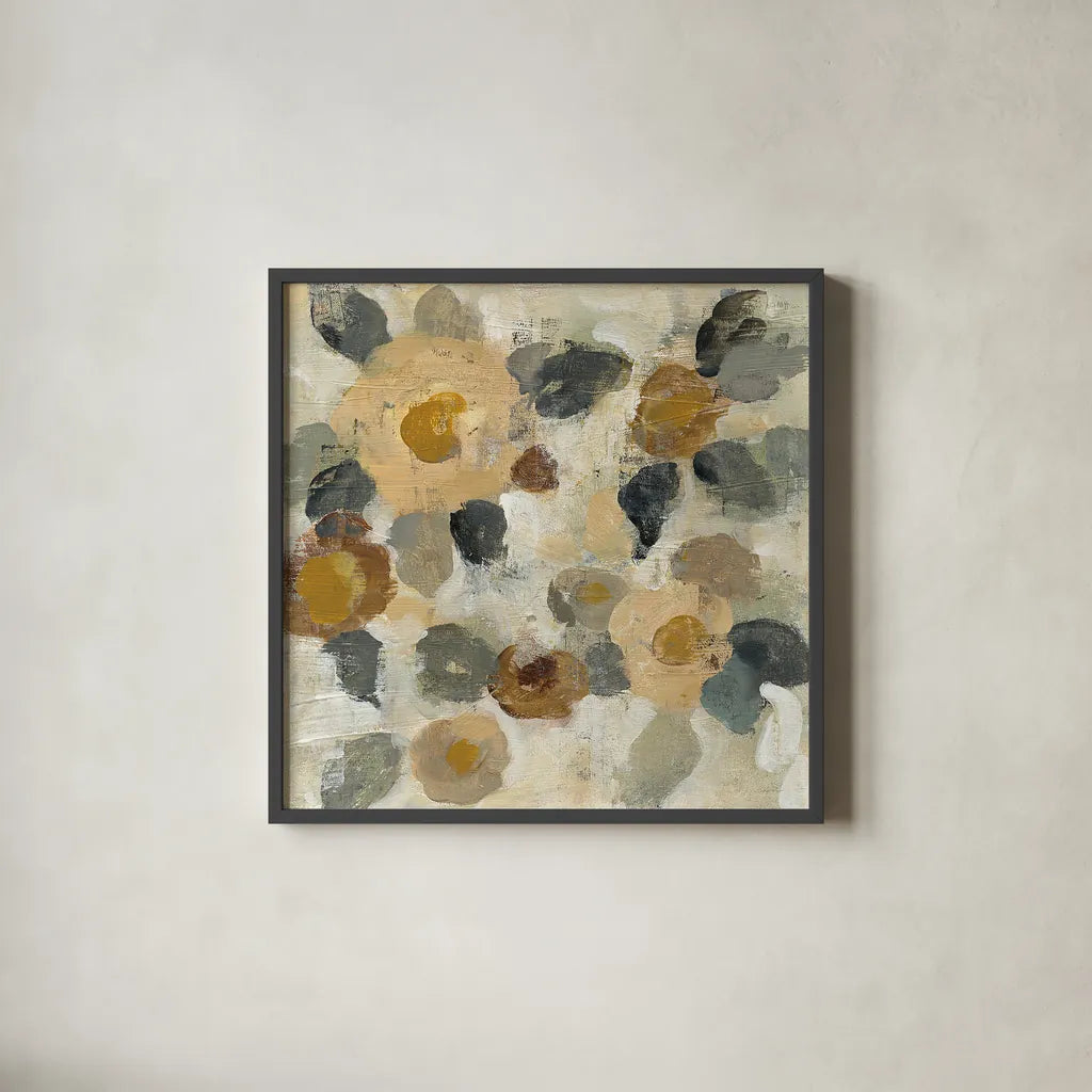 Neutral Floral Beige II by Silvia Vassileva. Shown in a sleek black glass frame for a contemporary gallery look. Available as an archival giclee rolled canvas, fine art paper, or poster print. SKU 28027a.