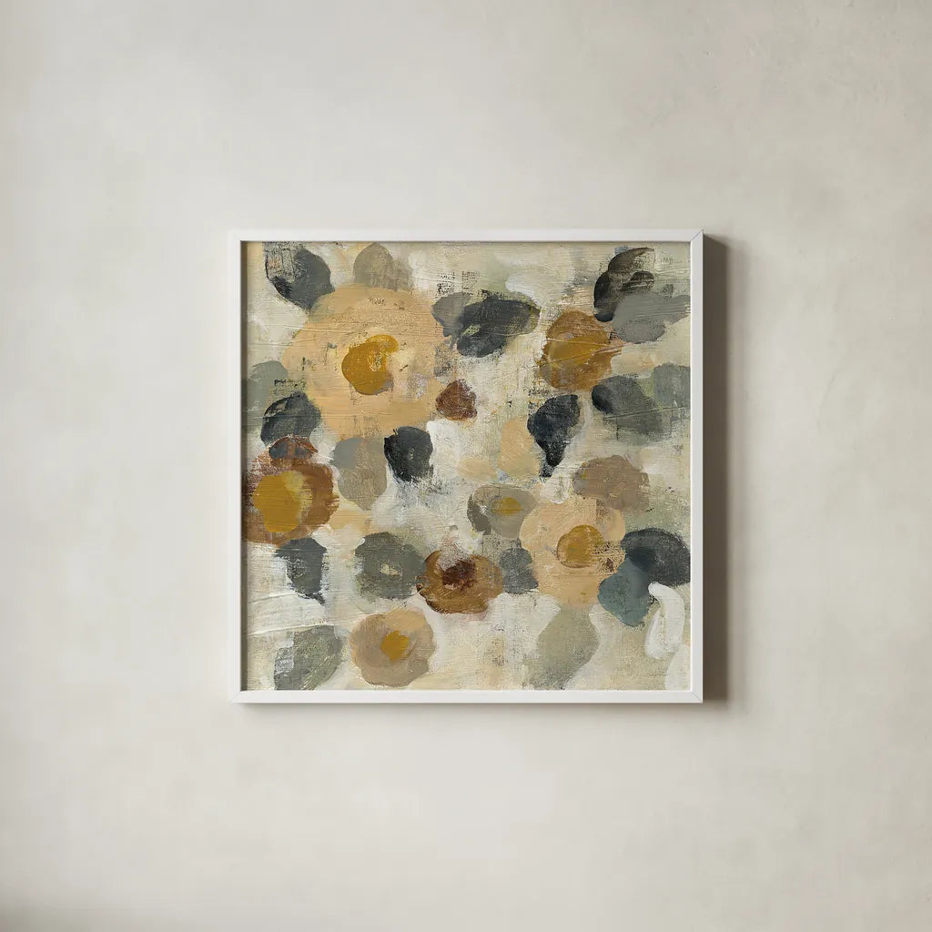 Neutral Floral Beige II by Silvia Vassileva. Shown in a crisp white glass frame for a clean and minimalist style. Available as an archival giclee rolled canvas, fine art paper, or poster print. SKU 28027a.