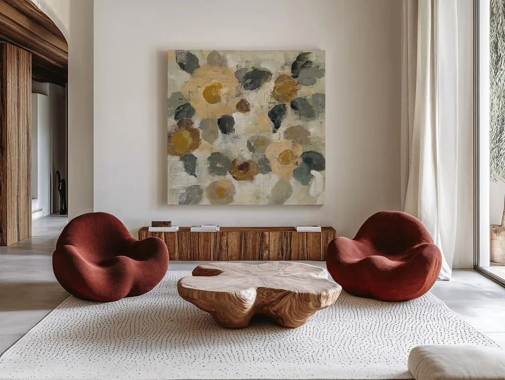 Neutral Floral Beige II by Silvia Vassileva. Shown as extra-large giant wall art in a modern living room. Available as an archival giclee rolled canvas, fine art paper, or poster print. SKU 28027a.