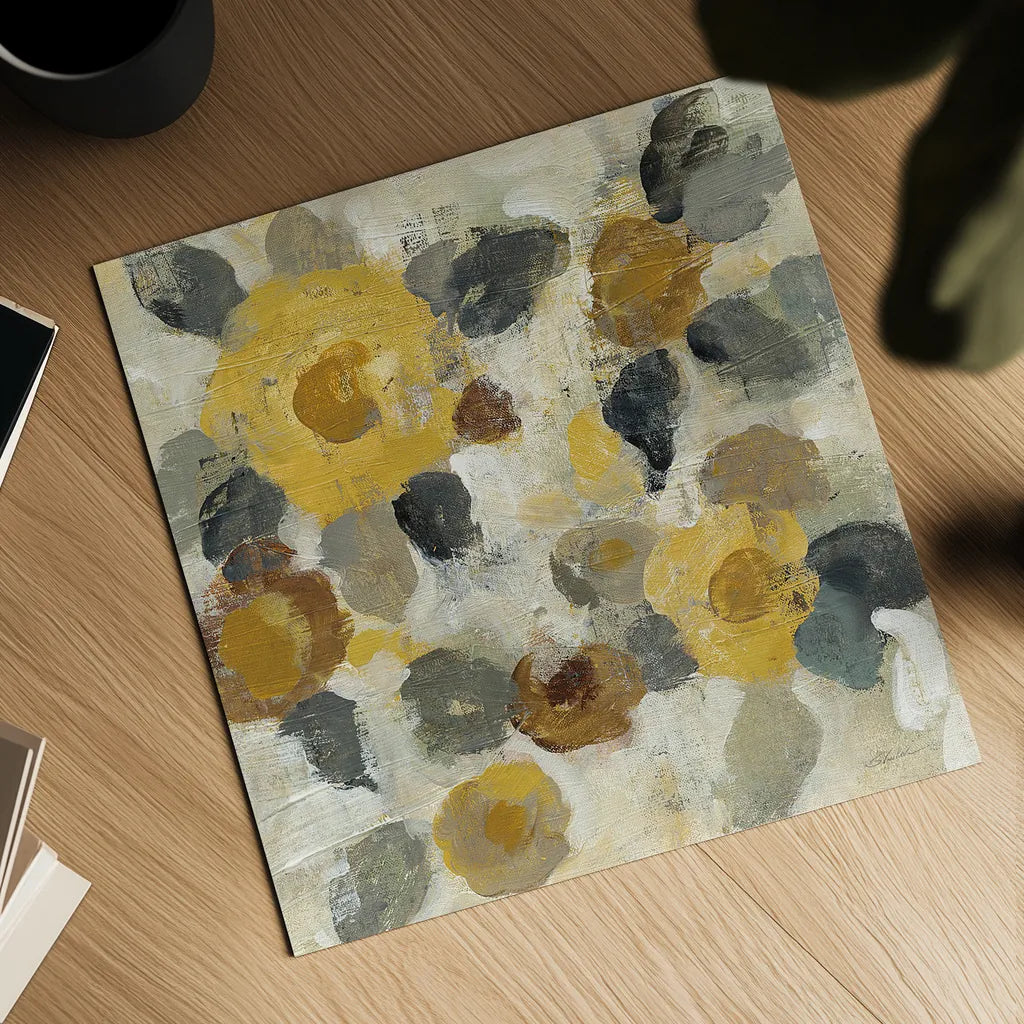 Neutral Floral Beige II Yellow Flowers by Silvia Vassileva. Shown as a detailed flat fine art print, highlighting archival giclee quality. Available as an archival giclee rolled canvas, fine art paper, or poster print. SKU 28406a.