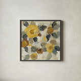 Neutral Floral Beige II Yellow Flowers by Silvia Vassileva. Shown in a sleek black glass frame for a contemporary gallery look. Available as an archival giclee rolled canvas, fine art paper, or poster print. SKU 28406a.