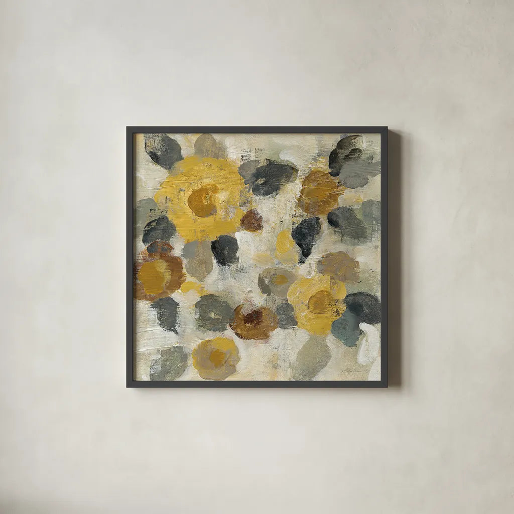 Neutral Floral Beige II Yellow Flowers by Silvia Vassileva. Shown in a sleek black glass frame for a contemporary gallery look. Available as an archival giclee rolled canvas, fine art paper, or poster print. SKU 28406a.
