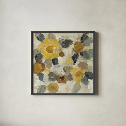 Neutral Floral Beige II Yellow Flowers by Silvia Vassileva. Shown in a sleek black glass frame for a contemporary gallery look. Available as an archival giclee rolled canvas, fine art paper, or poster print. SKU 28406a.