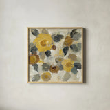 Neutral Floral Beige II Yellow Flowers by Silvia Vassileva. Shown in a natural wood glass frame for a timeless modern aesthetic. Available as an archival giclee rolled canvas, fine art paper, or poster print. SKU 28406a.