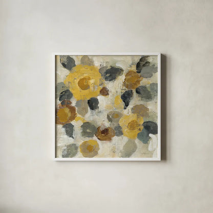 Neutral Floral Beige II Yellow Flowers by Silvia Vassileva. Shown in a crisp white glass frame for a clean and minimalist style. Available as an archival giclee rolled canvas, fine art paper, or poster print. SKU 28406a.