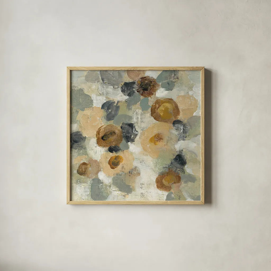 Neutral Floral Beige III by Silvia Vassileva. Shown in a natural wood glass frame for a timeless modern aesthetic. Available as an archival giclee rolled canvas, fine art paper, or poster print. SKU 28028a.