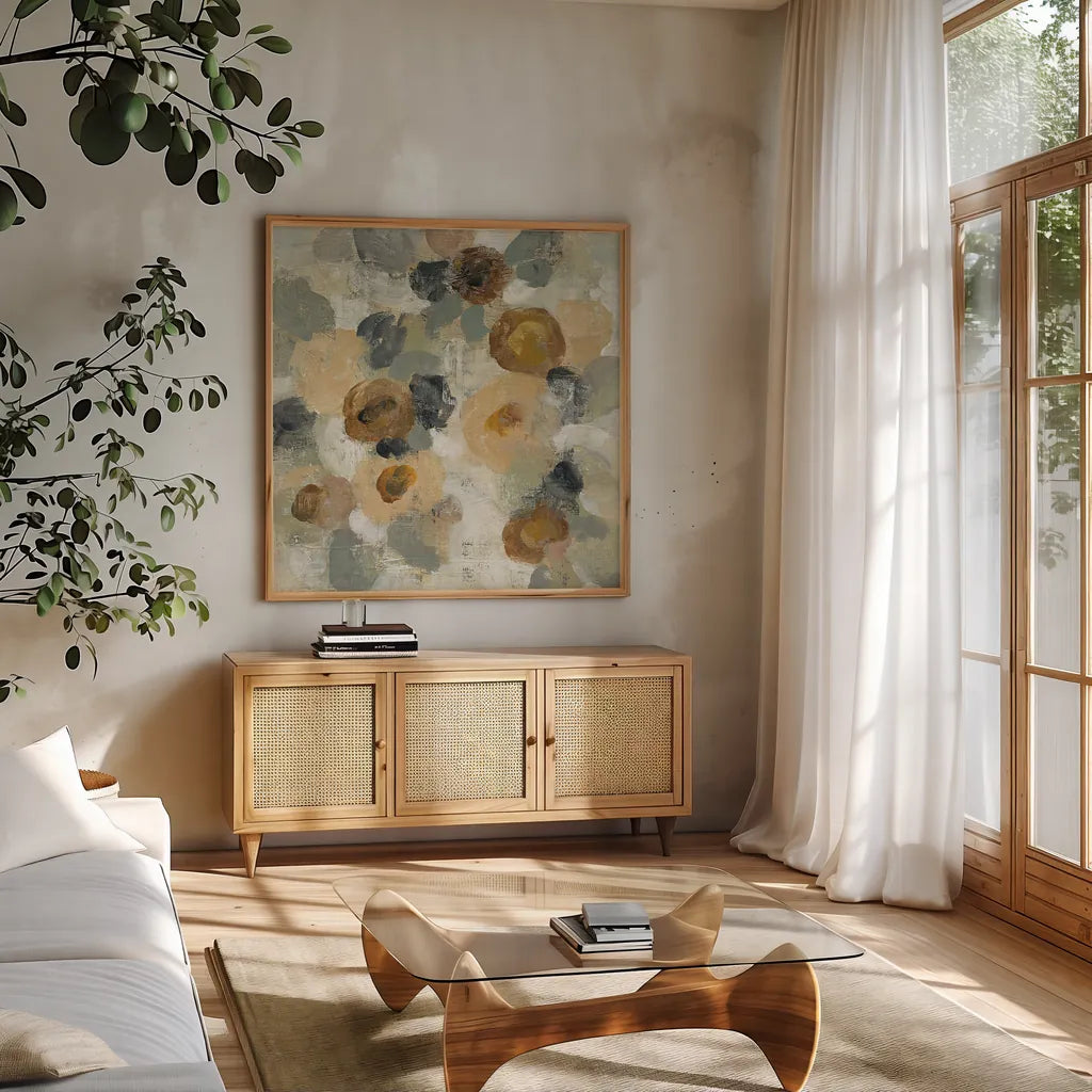 Neutral Floral Beige III by Silvia Vassileva. Shown in a natural wood frame in a cozy modern living room. Available as an archival giclee rolled canvas, fine art paper, or poster print. SKU 28028a.