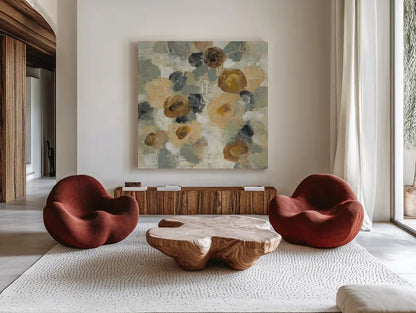 Neutral Floral Beige III by Silvia Vassileva. Shown as extra-large giant wall art in a modern living room. Available as an archival giclee rolled canvas, fine art paper, or poster print. SKU 28028a.