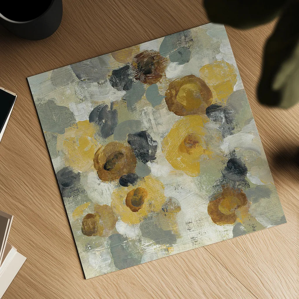 Neutral Floral Beige III Yellow Flowers by Silvia Vassileva. Shown as a detailed flat fine art print, highlighting archival giclee quality. Available as an archival giclee rolled canvas, fine art paper, or poster print. SKU 28407a.
