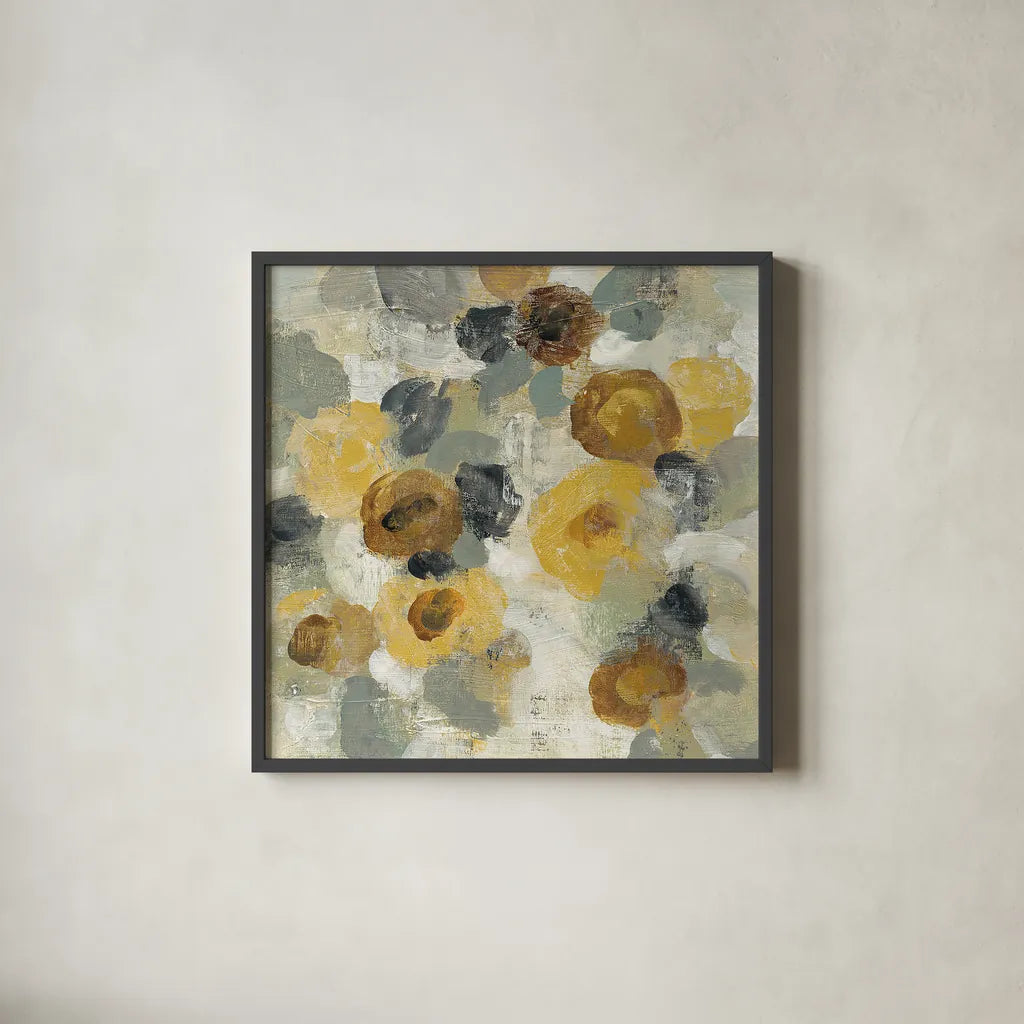 Neutral Floral Beige III Yellow Flowers by Silvia Vassileva. Shown in a sleek black glass frame for a contemporary gallery look. Available as an archival giclee rolled canvas, fine art paper, or poster print. SKU 28407a.