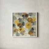 Neutral Floral Beige III Yellow Flowers by Silvia Vassileva. Shown in a crisp white glass frame for a clean and minimalist style. Available as an archival giclee rolled canvas, fine art paper, or poster print. SKU 28407a.