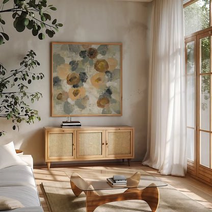 Neutral Floral III by Silvia Vassileva. Shown in a natural wood frame in a cozy modern living room. Available as an archival giclee rolled canvas, fine art paper, or poster print. SKU 27132a.