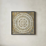 Neutral Textured Medallion by Silvia Vassileva. Shown in a sleek black glass frame for a contemporary gallery look. Available as an archival giclee rolled canvas, fine art paper, or poster print. SKU 57259a.