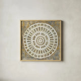 Neutral Textured Medallion by Silvia Vassileva. Shown in a natural wood glass frame for a timeless modern aesthetic. Available as an archival giclee rolled canvas, fine art paper, or poster print. SKU 57259a.