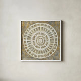 Neutral Textured Medallion by Silvia Vassileva. Shown in a crisp white glass frame for a clean and minimalist style. Available as an archival giclee rolled canvas, fine art paper, or poster print. SKU 57259a.