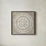 Neutral Textured Medallion Light by Silvia Vassileva. Shown in a sleek black glass frame for a contemporary gallery look. Available as an archival giclee rolled canvas, fine art paper, or poster print. SKU 57367a.