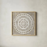 Neutral Textured Medallion Light by Silvia Vassileva. Shown in a natural wood glass frame for a timeless modern aesthetic. Available as an archival giclee rolled canvas, fine art paper, or poster print. SKU 57367a.