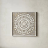 Neutral Textured Medallion Light by Silvia Vassileva. Shown in a crisp white glass frame for a clean and minimalist style. Available as an archival giclee rolled canvas, fine art paper, or poster print. SKU 57367a.