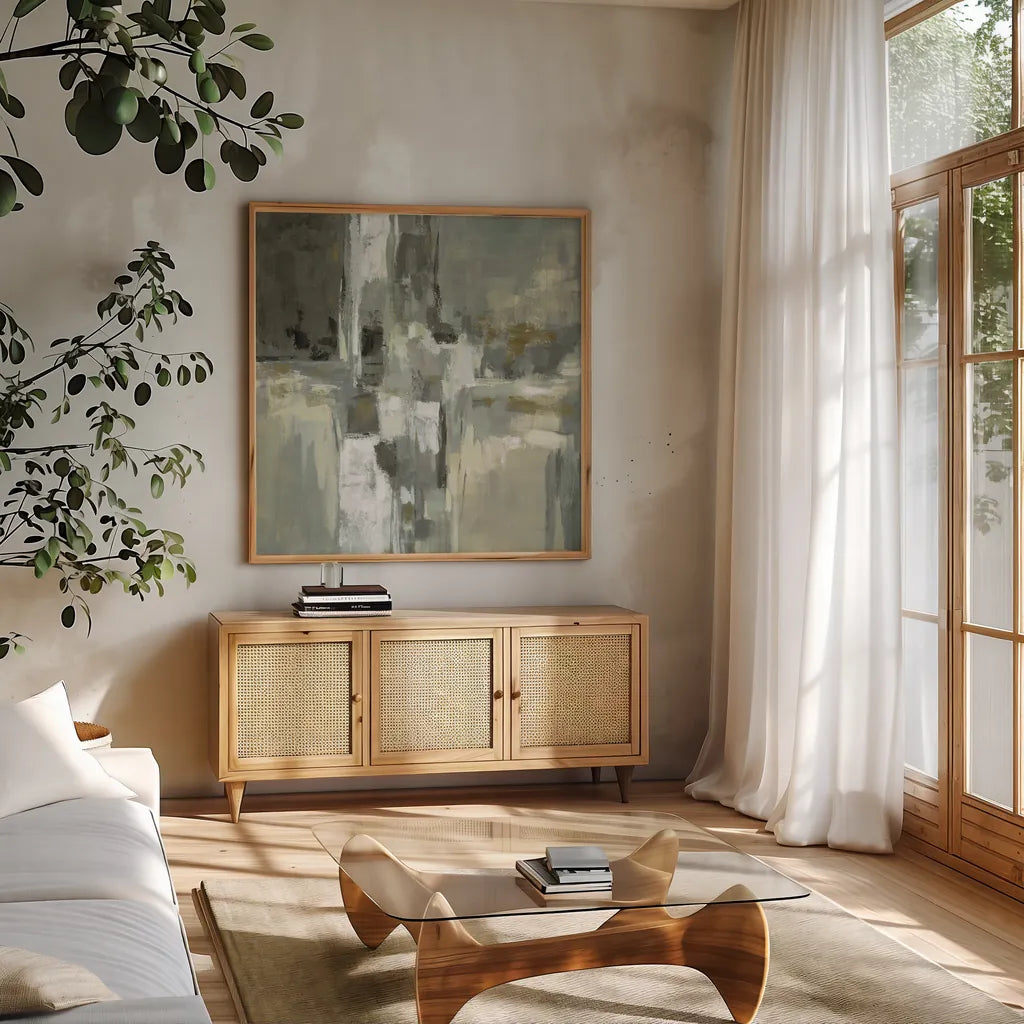 Neutral Water by Silvia Vassileva. Shown in a natural wood frame in a cozy modern living room. Available as an archival giclee rolled canvas, fine art paper, or poster print. SKU 65026a.