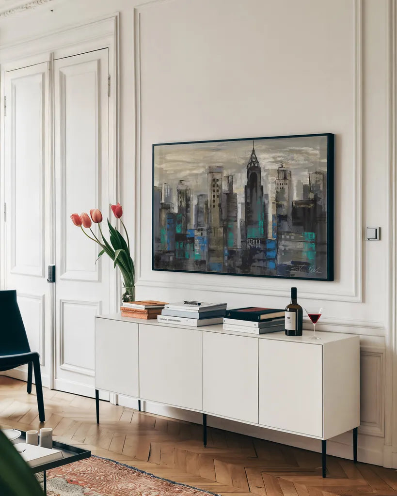 New York Moment by Silvia Vassileva. shown as a framed stretched canvas in a living room above a console. Available as a archival giclee rolled canvas, fine art paper, or poster print. SKU 6231i.