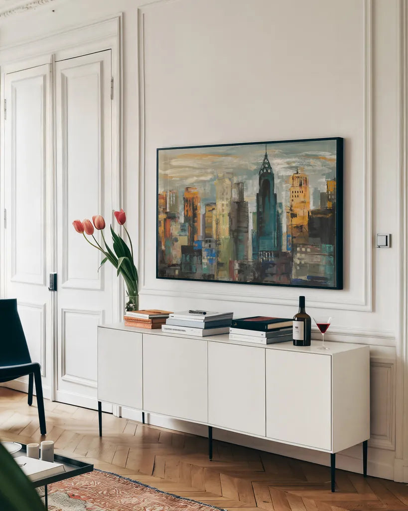 New York Moment v2 by Silvia Vassileva. shown as a framed stretched canvas in a living room above a console. Available as a archival giclee rolled canvas, fine art paper, or poster print. SKU 99883i.