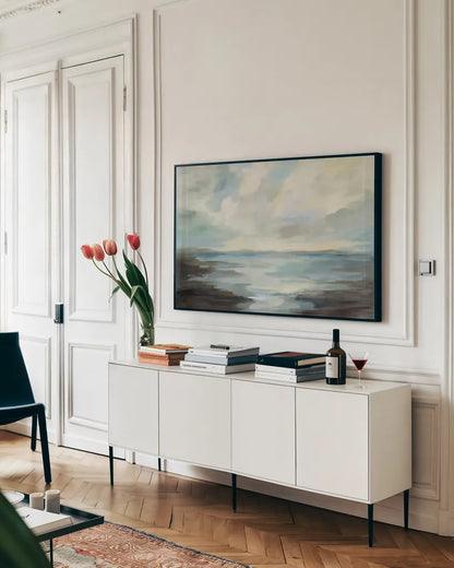 Northern Lagoon by Silvia Vassileva. shown as a framed stretched canvas in a living room above a console. Available as a archival giclee rolled canvas, fine art paper, or poster print. SKU 61070i.