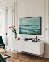 Northern Lake Green by Silvia Vassileva. shown as a framed stretched canvas in a living room above a console. Available as a archival giclee rolled canvas, fine art paper, or poster print. SKU 28967i.