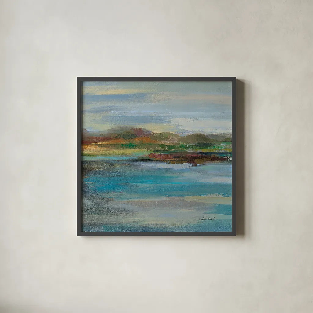 Northern Shore Square I by Silvia Vassileva. Shown in a sleek black glass frame for a contemporary gallery look. Available as an archival giclee rolled canvas, fine art paper, or poster print. SKU 13166a.
