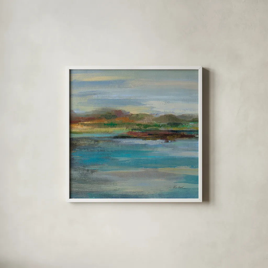 Northern Shore Square I by Silvia Vassileva. Shown in a crisp white glass frame for a clean and minimalist style. Available as an archival giclee rolled canvas, fine art paper, or poster print. SKU 13166a.