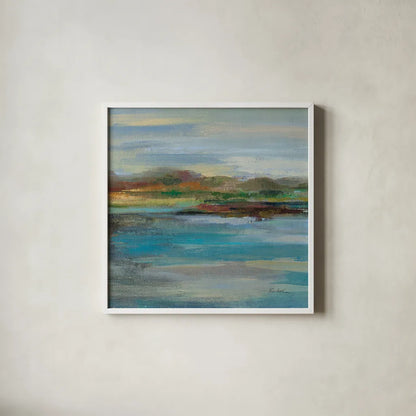 Northern Shore Square I by Silvia Vassileva. Shown in a crisp white glass frame for a clean and minimalist style. Available as an archival giclee rolled canvas, fine art paper, or poster print. SKU 13166a.