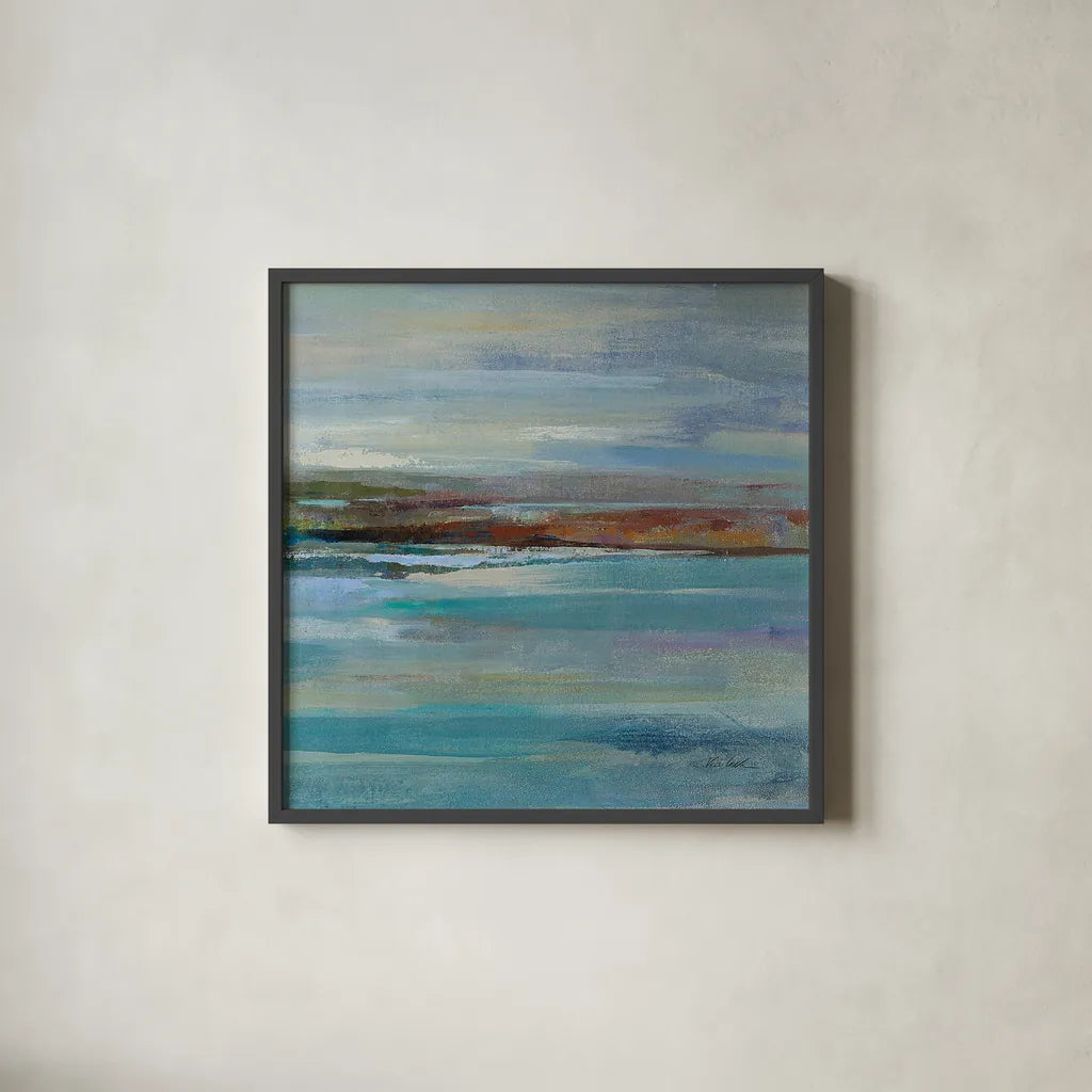 Northern Shore Square II by Silvia Vassileva. Shown in a sleek black glass frame for a contemporary gallery look. Available as an archival giclee rolled canvas, fine art paper, or poster print. SKU 13167a.