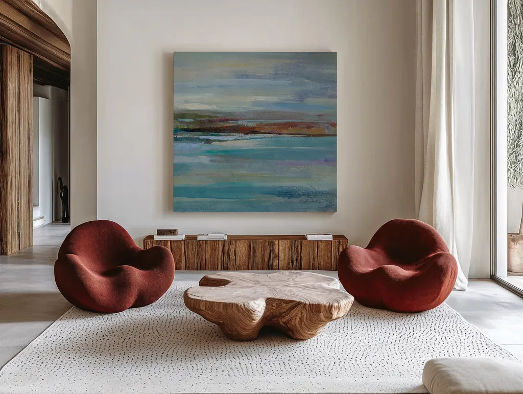 Northern Shore Square II by Silvia Vassileva. Shown as extra-large giant wall art in a modern living room. Available as an archival giclee rolled canvas, fine art paper, or poster print. SKU 13167a.
