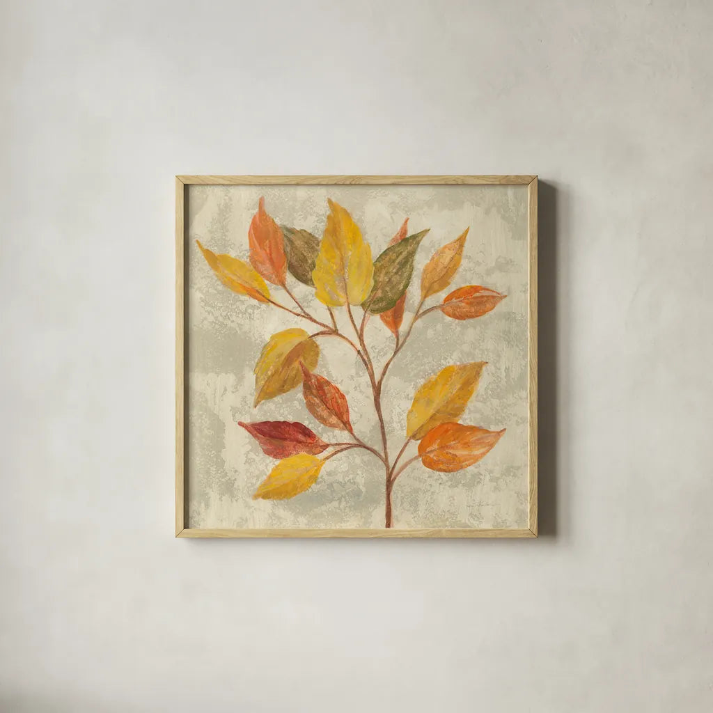 November Leaves II by Silvia Vassileva. Shown in a natural wood glass frame for a timeless modern aesthetic. Available as an archival giclee rolled canvas, fine art paper, or poster print. SKU 48844a.
