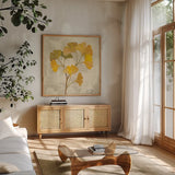 November Leaves III by Silvia Vassileva. Shown in a natural wood frame in a cozy modern living room. Available as an archival giclee rolled canvas, fine art paper, or poster print. SKU 48845a.