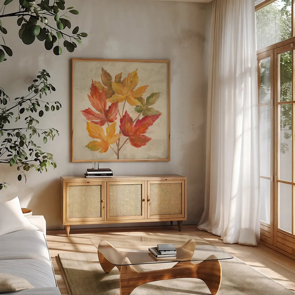 November Leaves IV by Silvia Vassileva. Shown in a natural wood frame in a cozy modern living room. Available as an archival giclee rolled canvas, fine art paper, or poster print. SKU 48846a.