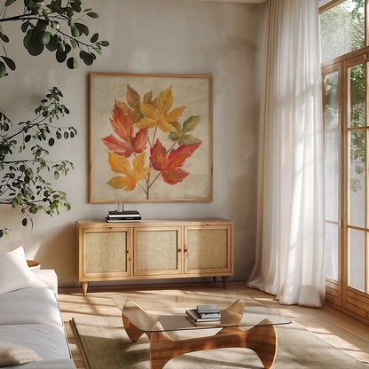 November Leaves IV by Silvia Vassileva. Shown in a natural wood frame in a cozy modern living room. Available as an archival giclee rolled canvas, fine art paper, or poster print. SKU 48846a.