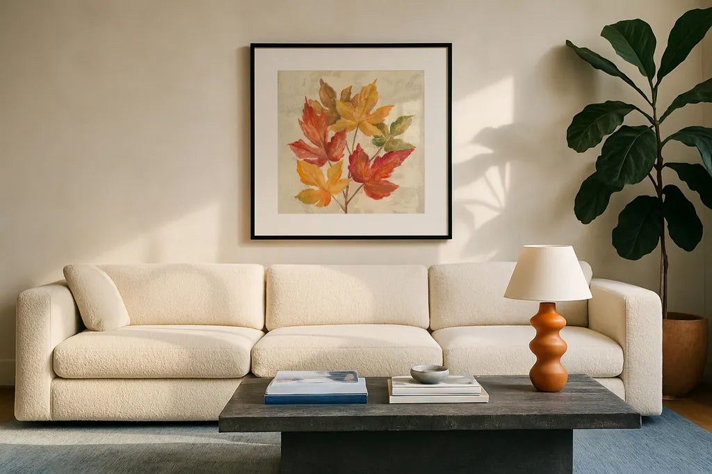 November Leaves IV by Silvia Vassileva. Displayed in a glass frame with matte in a clean modern living room. Available as an archival giclee rolled canvas, fine art paper, or poster print. SKU 48846a.
