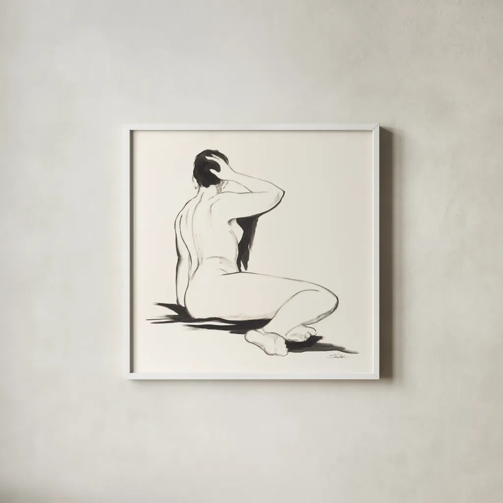 Nude III by Silvia Vassileva. Shown in a crisp white glass frame for a clean and minimalist style. Available as an archival giclee rolled canvas, fine art paper, or poster print. SKU 86868a.