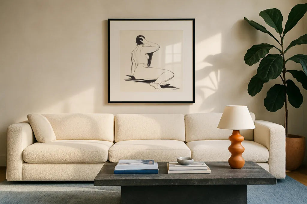 Nude III by Silvia Vassileva. Displayed in a glass frame with matte in a clean modern living room. Available as an archival giclee rolled canvas, fine art paper, or poster print. SKU 86868a.