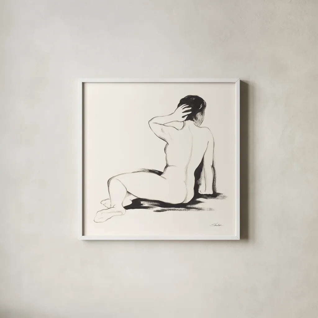 Nude IV by Silvia Vassileva. Shown in a crisp white glass frame for a clean and minimalist style. Available as an archival giclee rolled canvas, fine art paper, or poster print. SKU 86869a.