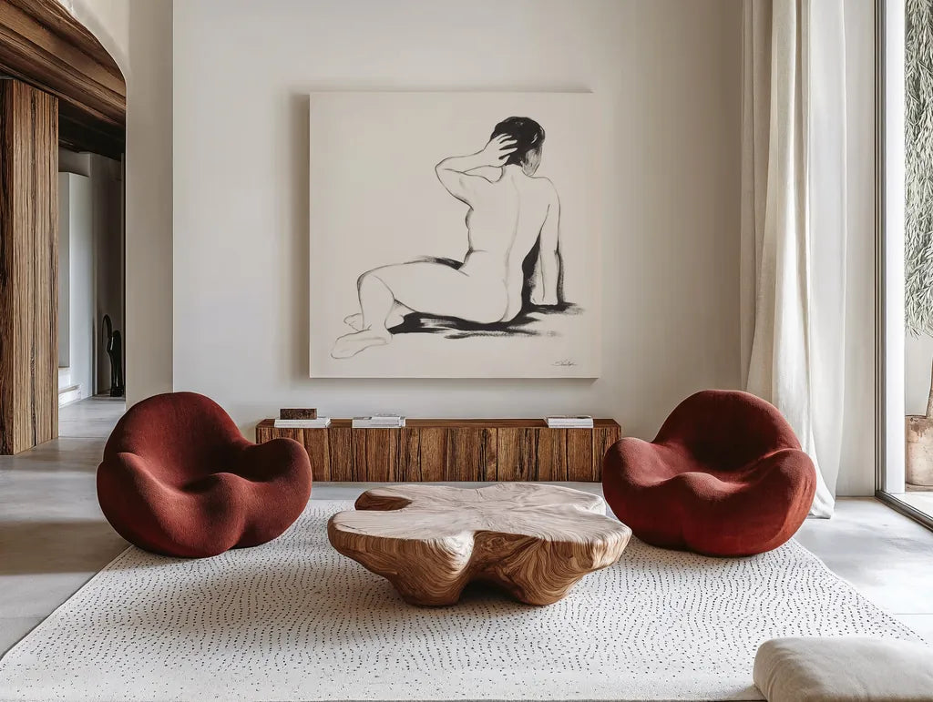 Nude IV by Silvia Vassileva. Shown as extra-large giant wall art in a modern living room. Available as an archival giclee rolled canvas, fine art paper, or poster print. SKU 86869a.