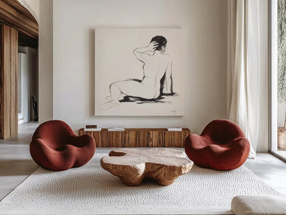Nude IV by Silvia Vassileva. Shown as extra-large giant wall art in a modern living room. Available as an archival giclee rolled canvas, fine art paper, or poster print. SKU 86869a.
