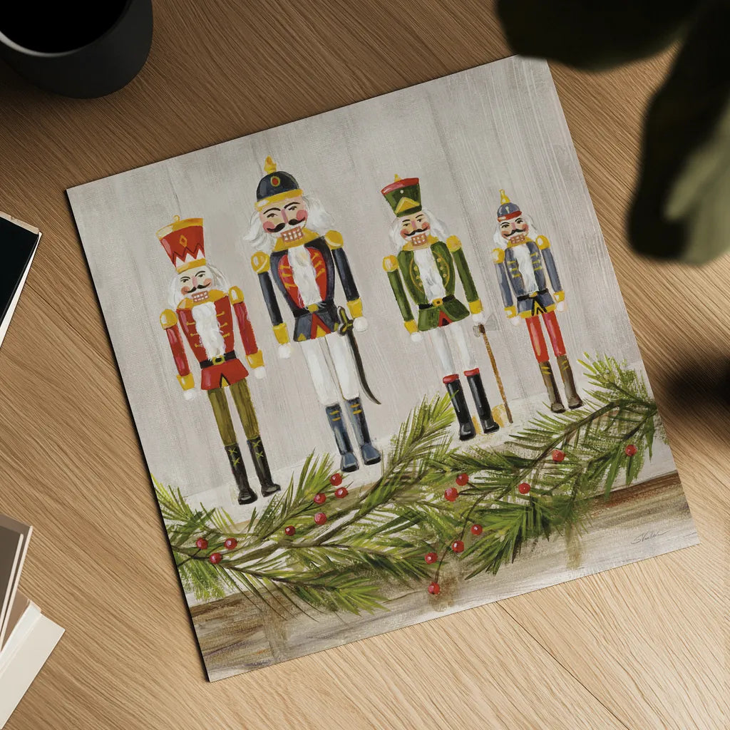Nutcrackers on a Mantel by Silvia Vassileva. Shown as a detailed flat fine art print, highlighting archival giclee quality. Available as an archival giclee rolled canvas, fine art paper, or poster print. SKU 65240a.