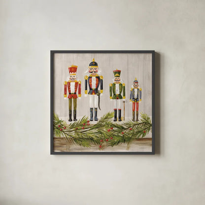 Nutcrackers on a Mantel by Silvia Vassileva. Shown in a sleek black glass frame for a contemporary gallery look. Available as an archival giclee rolled canvas, fine art paper, or poster print. SKU 65240a.