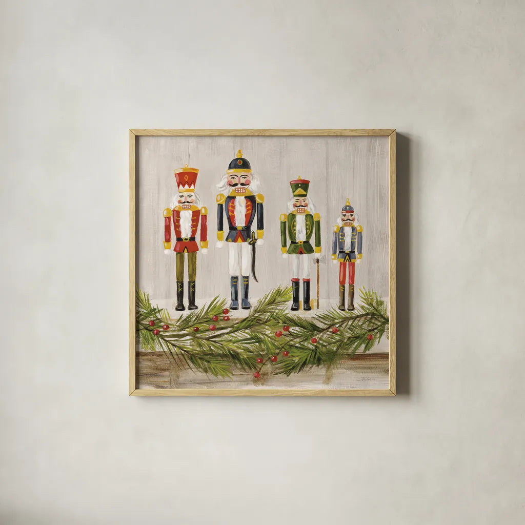 Nutcrackers on a Mantel by Silvia Vassileva. Shown in a natural wood glass frame for a timeless modern aesthetic. Available as an archival giclee rolled canvas, fine art paper, or poster print. SKU 65240a.
