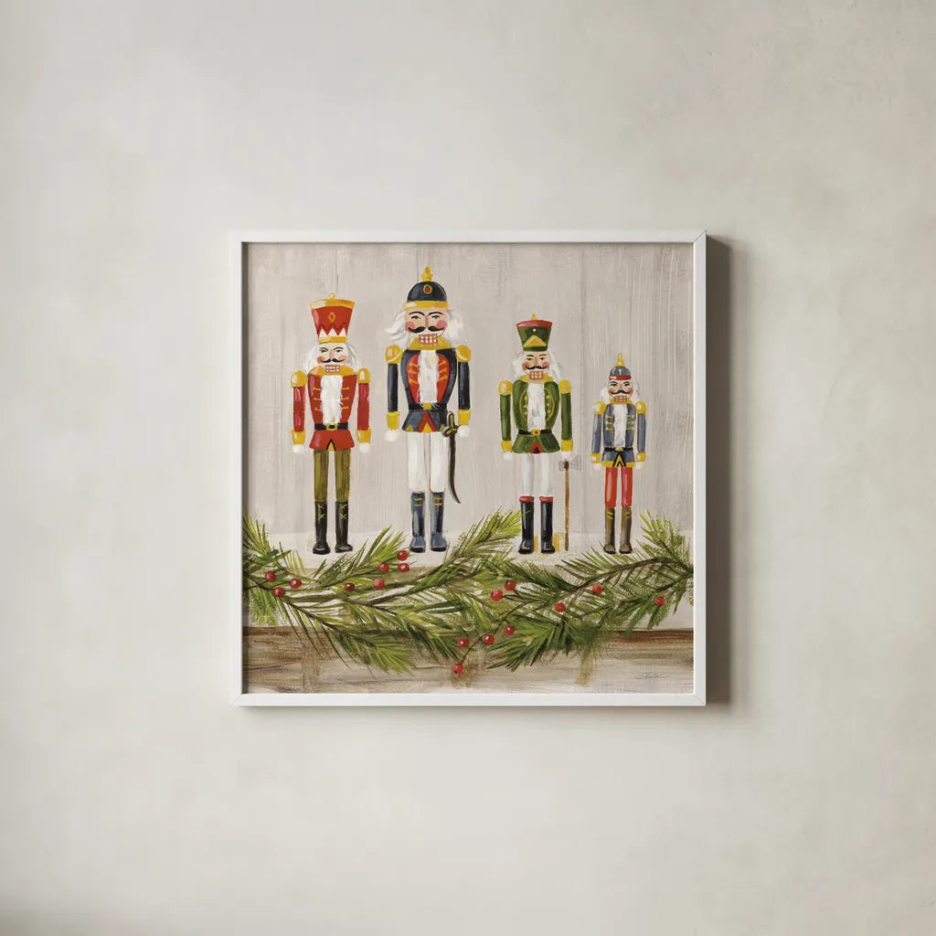 Nutcrackers on a Mantel by Silvia Vassileva. Shown in a crisp white glass frame for a clean and minimalist style. Available as an archival giclee rolled canvas, fine art paper, or poster print. SKU 65240a.